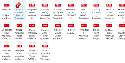 A digital preview sheet showing a series of PDF educational worksheets and quizzes, titled with subjects like 'Adjective', 'Creative Writing', 'Daily Drills GCSE Language', and 'The Happy Brain'. Each item is labeled with a red 'PDF' icon and a white title banner.
