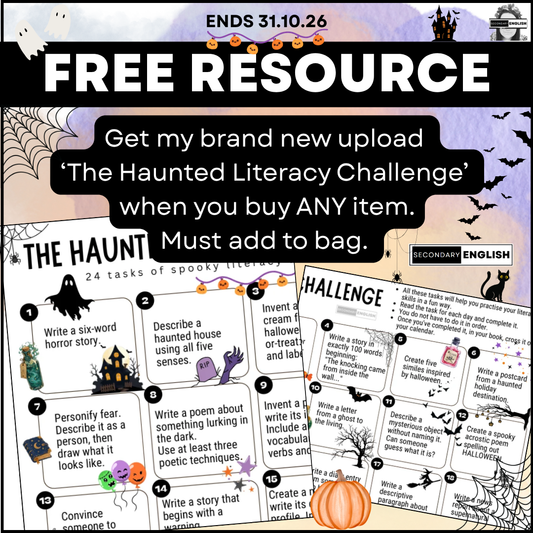 Promotional graphic for a digital educational resource titled 'The Haunted Literacy Challenge'. The design features a spooky Halloween theme with black bats, a witch's hat, and a pumpkin against a light purple background.