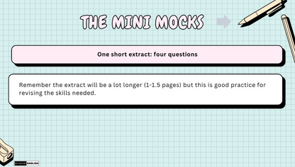 A digital preview slide for a mock exam practice resource titled 'THE MINI MOCKS' on a light blue grid background. The slide features text boxes explaining that it contains one short extract with four questions and a note about the longer practice extract coming later.