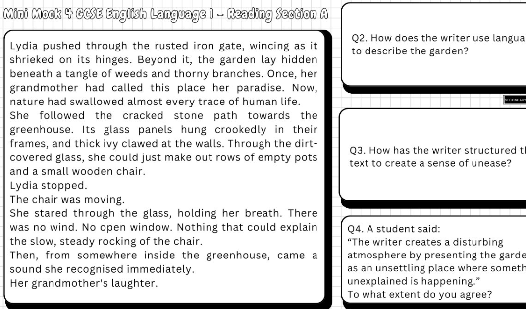 A black-and-white worksheet page with a short English reading passage about a garden and four multiple-choice questions, labeled as a Mini Mock 4 GCE English Language I - Reading Section A.