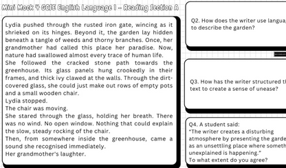 A black-and-white worksheet page with a short English reading passage about a garden and four multiple-choice questions, labeled as a Mini Mock 4 GCE English Language I - Reading Section A.