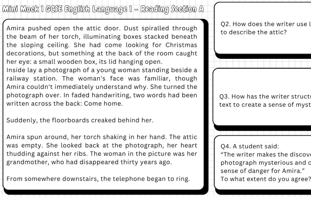 A reading comprehension worksheet with a short horror story about a woman discovering a body in an attic and four multiple-choice questions on the right.