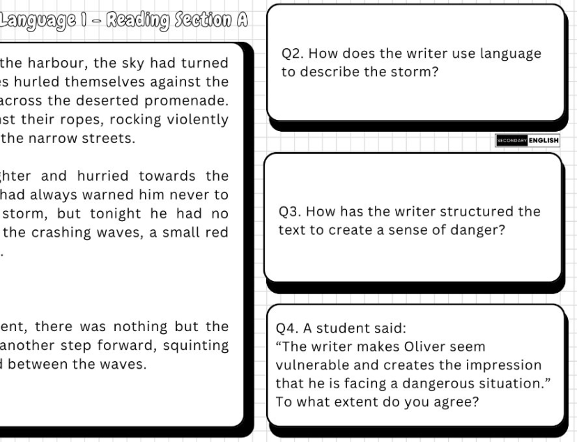 A black-and-white educational worksheet page with a reading comprehension section, four question boxes labeled Q1 through Q4, and a small 'Cawmln' logo near the bottom right.