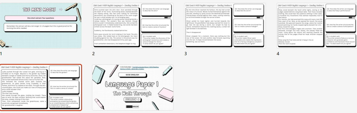 A collage of multiple digital slide previews for a language learning or educational presentation, showing text boxes, diagrams, and a central cover slide titled 'Language Paper 1 - The Chain Reaction' with pastel-colored notebook illustrations.