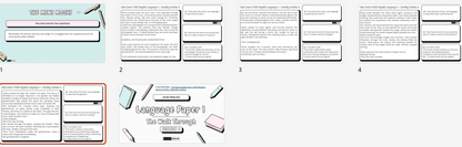 A collage of multiple digital slide previews for a language learning or educational presentation, showing text boxes, diagrams, and a central cover slide titled 'Language Paper 1 - The Chain Reaction' with pastel-colored notebook illustrations.
