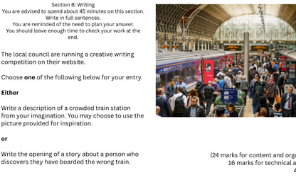 A page from a writing exam or worksheet showing a section titled 'Section B: Writing' with instructions and a photo of a crowded train station with red trains and many passengers.