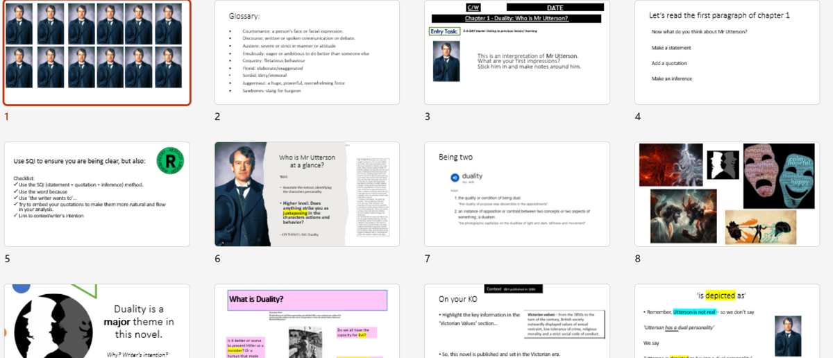 A 3x3 grid showing eight sample pages from a digital document or book titled 'Quality is a major theme in this novel' by an author, featuring various text layouts, images, and diagrams.
