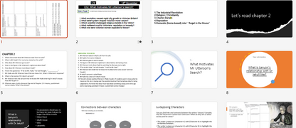A 3x3 grid of digital presentation or educational slide thumbnails on a light gray background, featuring black, white, orange, blue, and gray panels with text, charts, and diagrams.