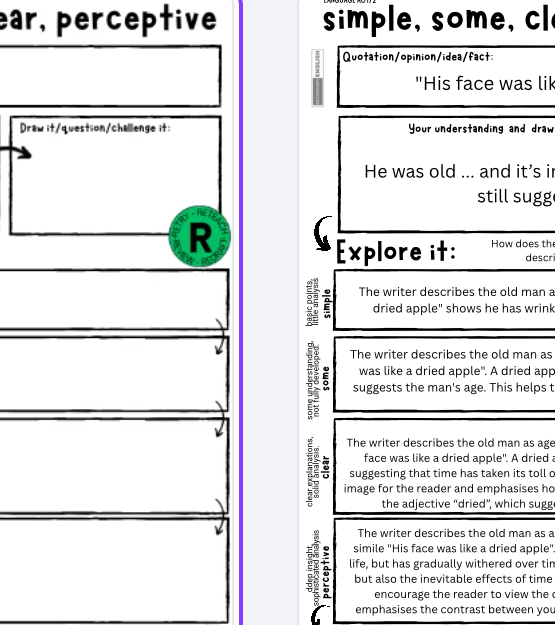 A close-up of a printed worksheet or educational page with text boxes, drawing prompts, and a green circular label containing the letter 'R'.
