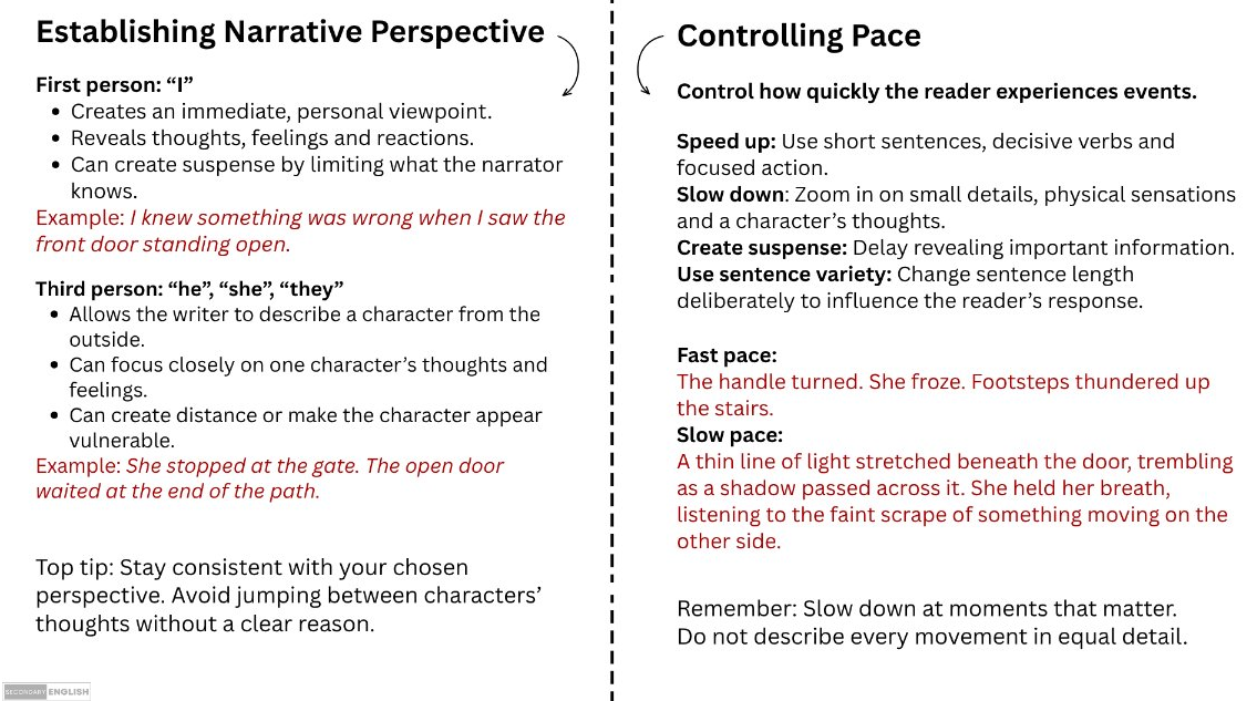 A two-column educational graphic titled 'Establishing Narrative Perspective' and 'Controlling Pace' with text instructions and examples on a white background.