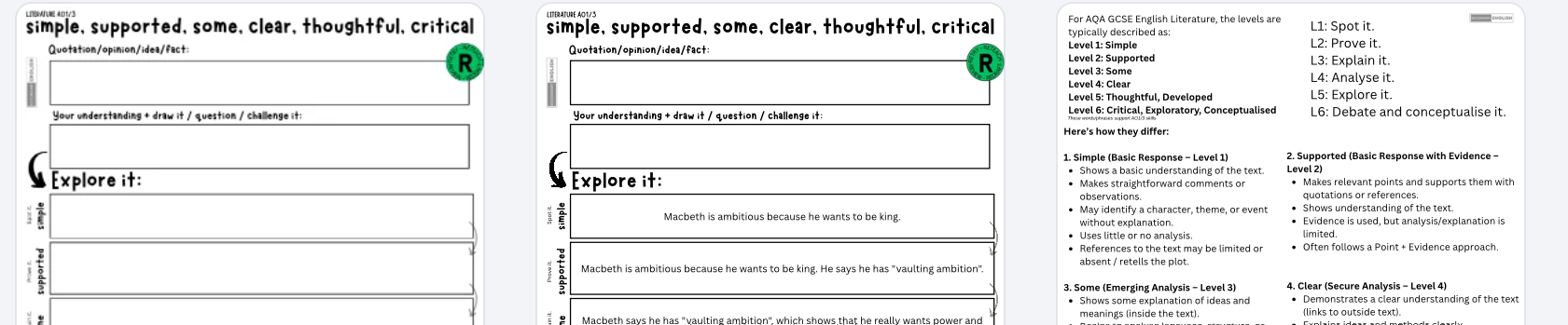 LITERATURE Level Ladders - Various Levels of Answer: Simple, Supported, Some, Clear, Thoughtful, Critical.