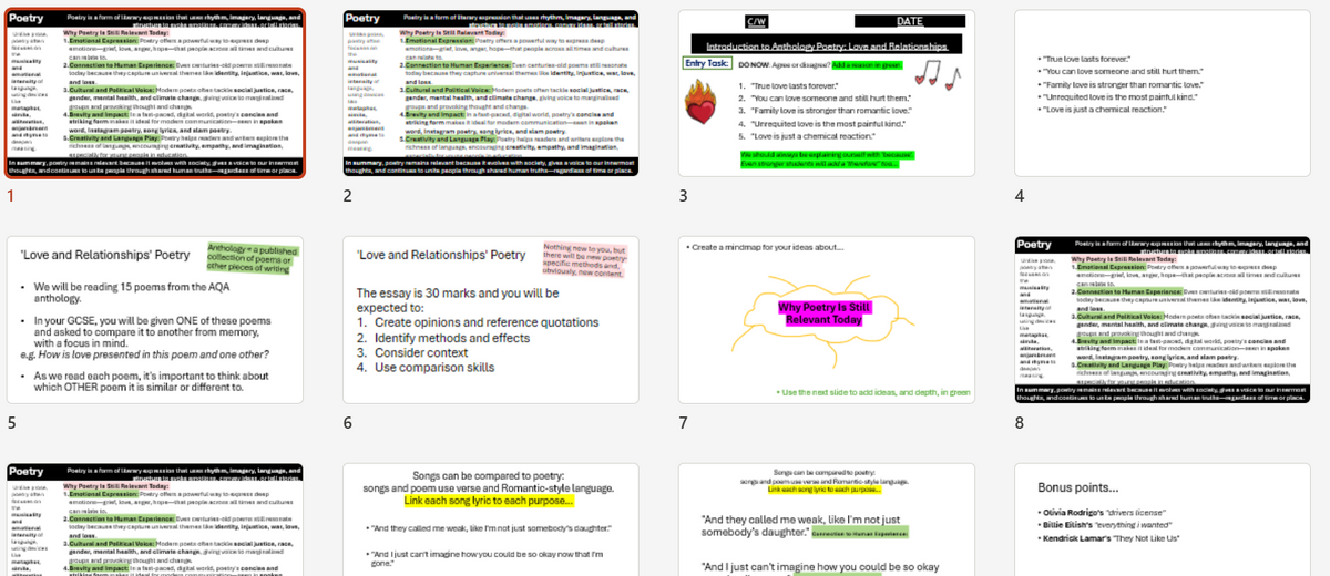 A 10-panel collage showing sample pages from a poetry writing workbook or curriculum guide, with titles like 'Love and Relationship Poetry' and 'Love and Romantic Poetry' alongside text blocks, examples, and colorful highlight annotations.