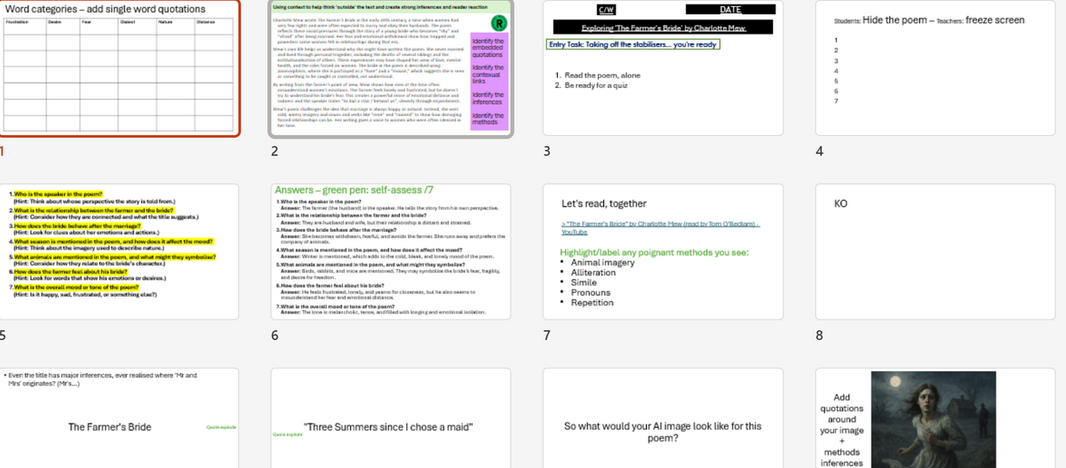 A collage of multiple digital worksheet and activity slide thumbnails for an educational AI writing assistant, featuring text prompts, word banks, answer keys, and a dark-themed image generation prompt.