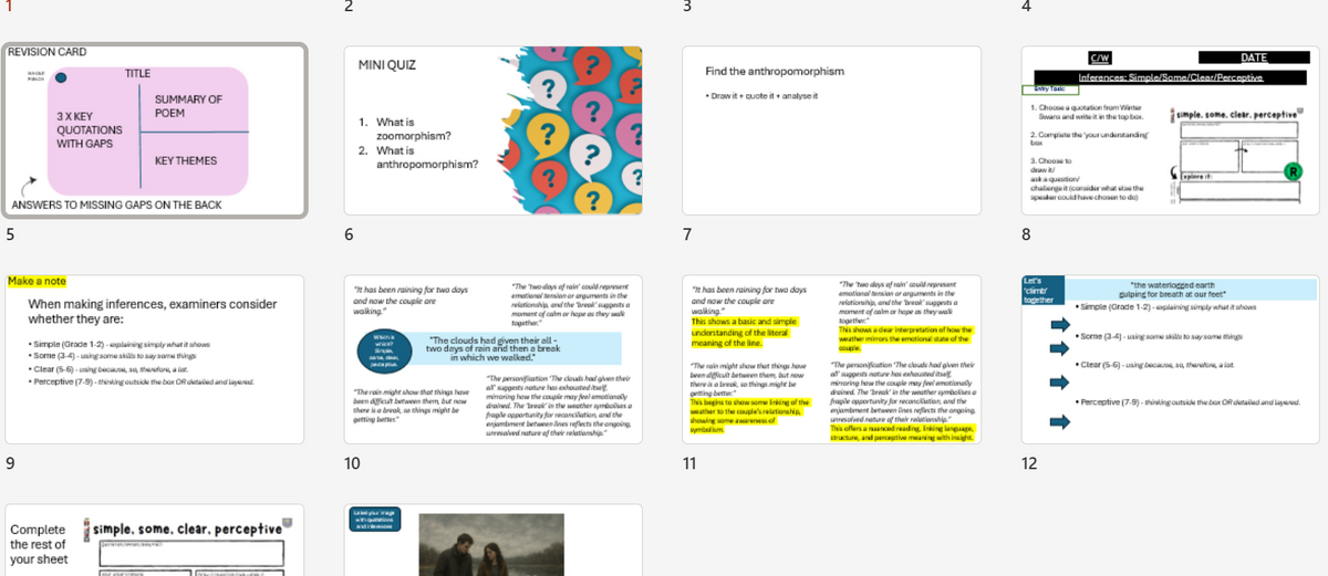 A collage of 12 educational slide thumbnails arranged in a grid, likely representing a digital study guide or study guide presentation template. The slides feature various layouts, including text boxes, diagrams, a mini-quiz, and a map.
