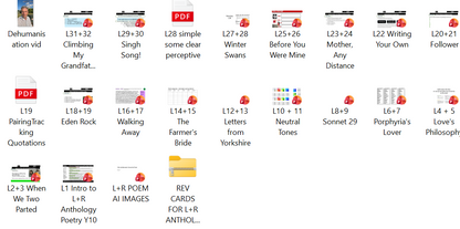 A grid of many small PDF document thumbnails on a white background, including titles such as Dehumanization vid, L31+32 Climbing My Grandfat.