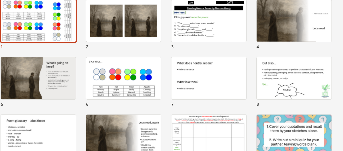 A collage of 12 educational slide thumbnails arranged in a grid, featuring various lesson plan pages, word grids, color charts, and writing prompts.