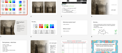 A collage of 12 educational slide thumbnails arranged in a grid, featuring various lesson plan pages, word grids, color charts, and writing prompts.