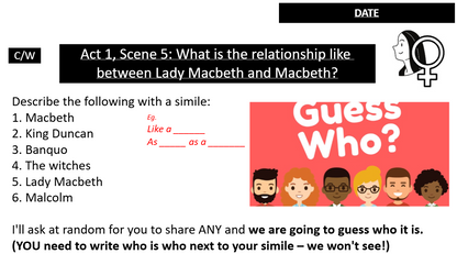 A digital worksheet slide titled 'Act 1, Scene 5: What is the relationship like between Lady Macbeth and Macbeth?' with text prompts, a 'DATE' label, a gender symbol icon, and a red 'Guess Who?' cartoon graphic on the right.