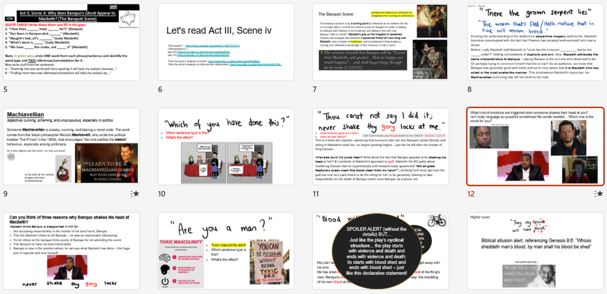 A 12-panel preview grid of a digital presentation or educational resource about Shakespeare's Macbeth featuring text slides, discussion prompts, and video call screenshots.