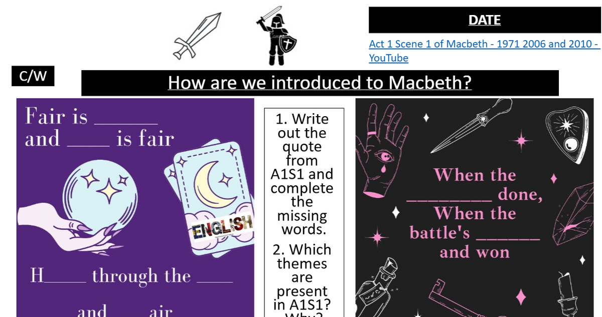 A black and white educational worksheet titled 'How are we introduced to Macbeth?' featuring text boxes, a quote writing prompt, and illustrated sections with a crystal ball, playing cards, and a hand.