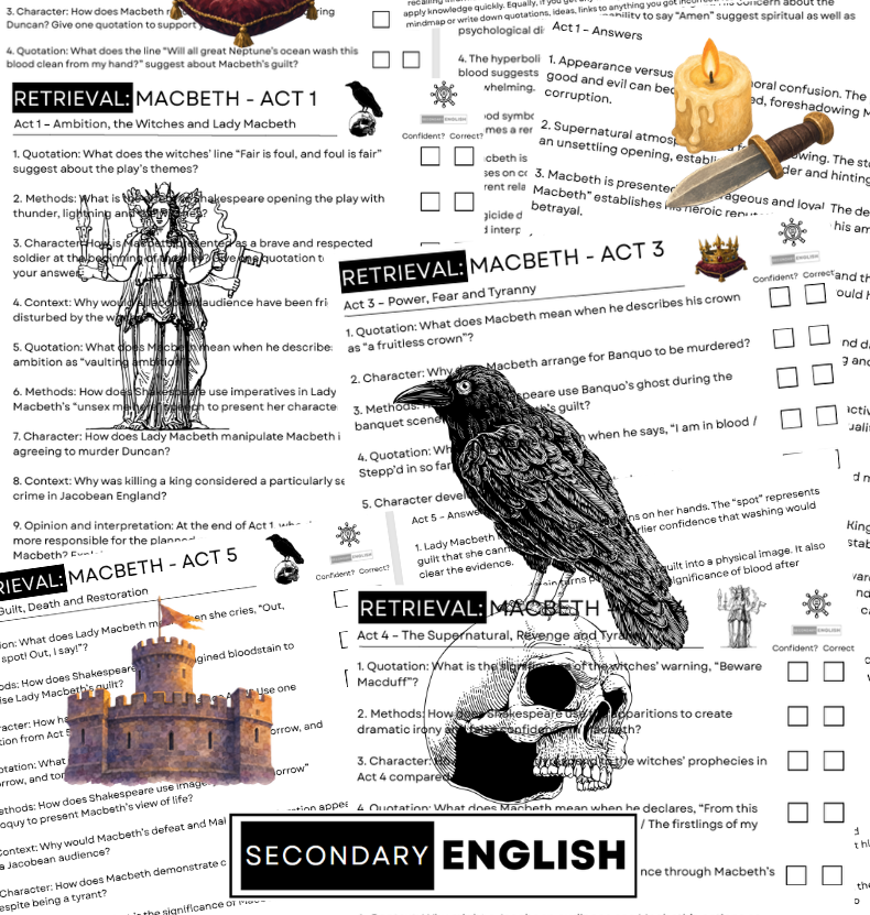 A close-up of a printed worksheet or study guide titled 'RETRIEVAL: MACBETH - ACT 1' with black-and-white illustrations of characters, small orange flame icons, and a black banner reading 'SECONDARY ENGLISH'.