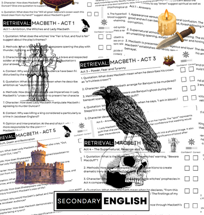 A close-up of a printed worksheet or study guide titled 'RETRIEVAL: MACBETH - ACT 1' with black-and-white illustrations of characters, small orange flame icons, and a black banner reading 'SECONDARY ENGLISH'.