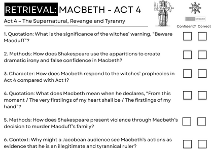 A black-and-white educational worksheet titled 'RETRIEVAL: MACBETH - ACT 4' with a short text header, a small illustration in the top right, and a list of six multiple-choice questions about Shakespeare's Macbeth.