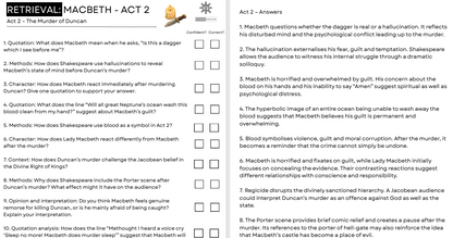 A black-and-white educational worksheet page titled 'RETRIEVAL OF MUNCEN - ACT 2' with a table listing ten questions and answers related to Shakespeare's play 'Macbeth', including references to blood, hallucination, and the Porter scene.