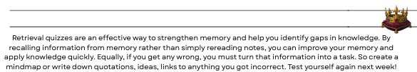 A digital graphic with a white background featuring a large block of instructional text about retrieval quizzes on the left, and a small cartoon illustration of a crowned figure holding a scroll on the right.