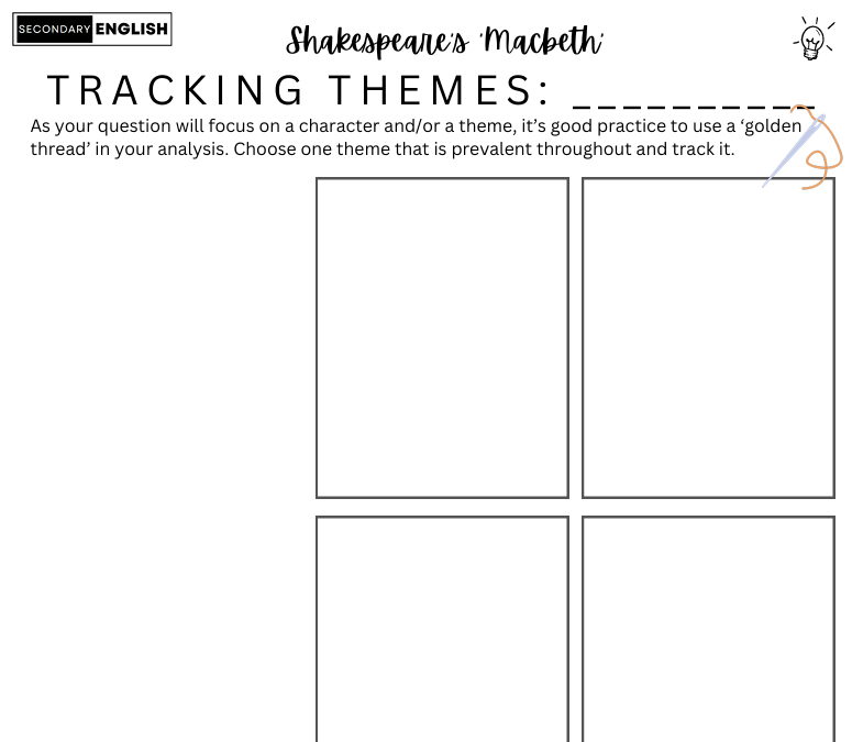 Worksheet titled 'Tracking Themes' for analyzing Shakespeare's Macbeth, with a focus on character and theme analysis.