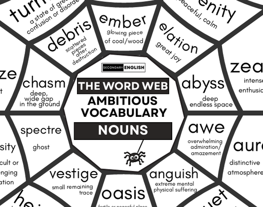 A black and white educational poster titled 'THE WORD WEB AMBITIOUS VOCABULARY NOUNS' with secondary english branding, featuring a spider in the center and surrounding word tiles connected by lines.