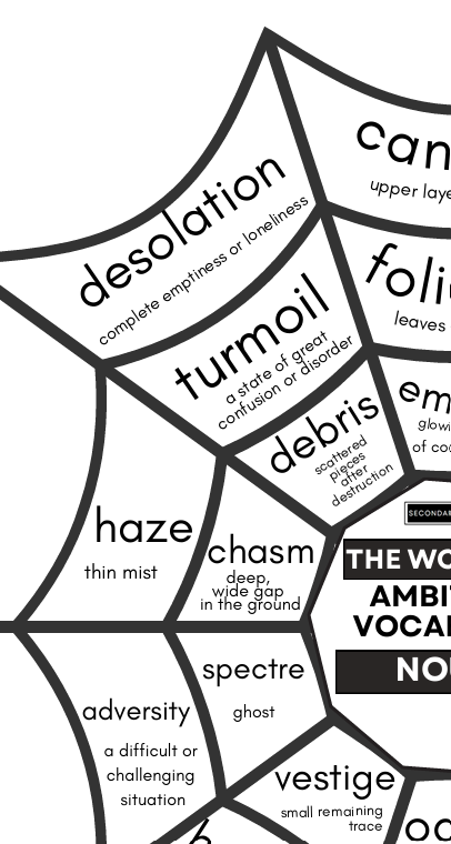 A black and white educational worksheet or poster featuring a spiderweb design with various vocabulary words like 'desolation', 'turmoil', 'debris', 'haze', 'chasm', 'spectre', and 'vestigie' printed in black text on white segments.