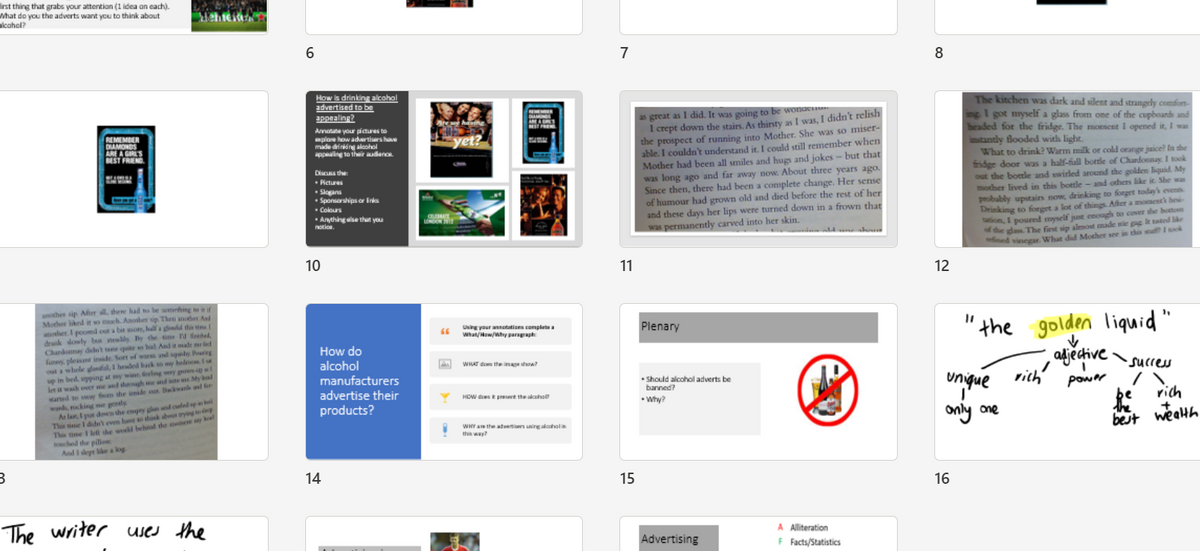 A cropped screenshot showing a grid of document or page thumbnails on a light gray interface background, with some text excerpts and a blue sidebar tile visible.