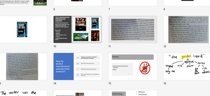 A cropped screenshot showing a grid of document or page thumbnails on a light gray interface background, with some text excerpts and a blue sidebar tile visible.