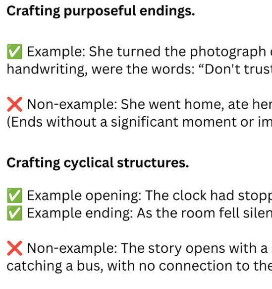 A cropped text panel with headings 'Crafting purposeful endings.' and 'Crafting cyclical structures.