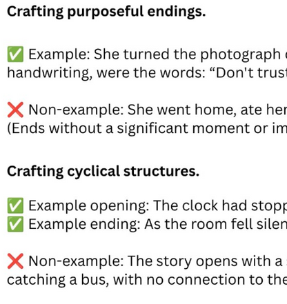 A cropped text panel with headings 'Crafting purposeful endings.' and 'Crafting cyclical structures.
