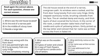 A black and white educational worksheet page featuring a story comprehension exercise titled 'Question 1'. The page contains a large text box with a summary of a scene, followed by four multiple-choice questions in rounded rectangular boxes.
