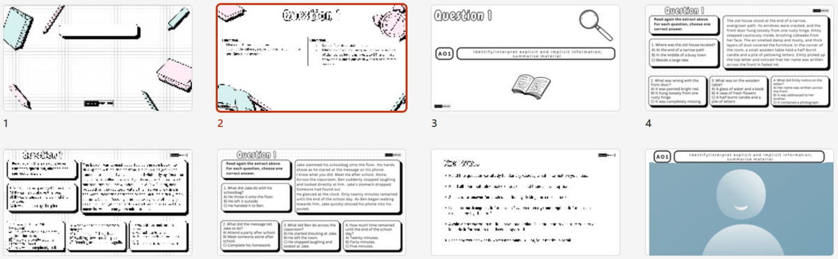 A collage of eight small instructional or template-style panels with sketches of objects, text boxes, and a blue avatar placeholder, arranged in a grid on a white background.
