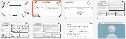A collage of eight small instructional or template-style panels with sketches of objects, text boxes, and a blue avatar placeholder, arranged in a grid on a white background.