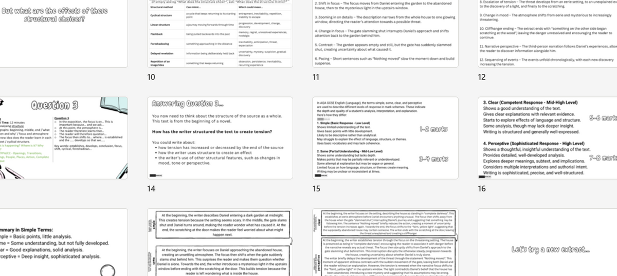 A grid of digital preview pages showing multiple worksheets or lesson plan slides, mostly white pages with black text and a few small colored diagram elements, on a light gray background.