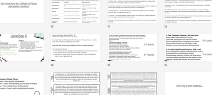 A grid of digital preview pages showing multiple worksheets or lesson plan slides, mostly white pages with black text and a few small colored diagram elements, on a light gray background.
