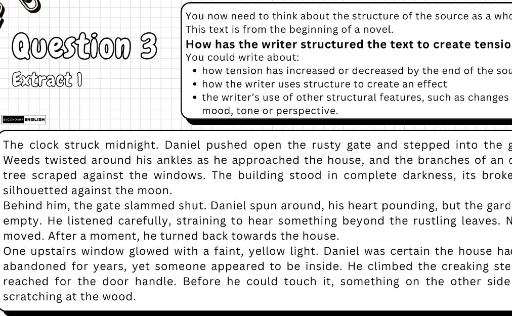 A text-based educational worksheet page with a question box at the top and a long excerpt from a mystery novel about a character named Daniel walking into a dark abandoned house. The page includes the title 'Question 3 Extract 1' and a small 'EnglishPlus' logo in the top left.