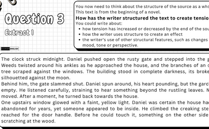 A text-based educational worksheet page with a question box at the top and a long excerpt from a mystery novel about a character named Daniel walking into a dark abandoned house. The page includes the title 'Question 3 Extract 1' and a small 'EnglishPlus' logo in the top left.