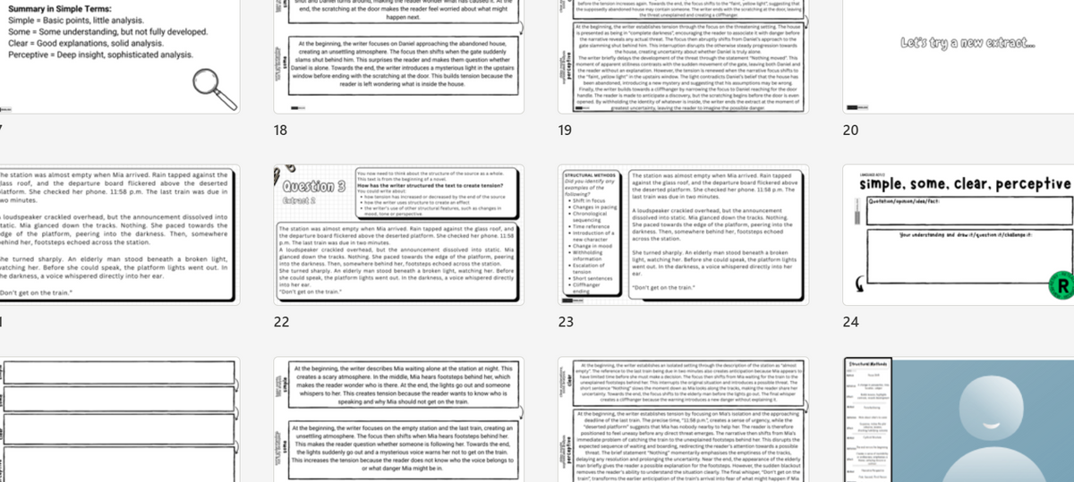 A collage of multiple printed worksheet or lesson-plan pages laid out in a grid, with mostly black text on white paper and one page showing a blue-gray background with a small white circle graphic.