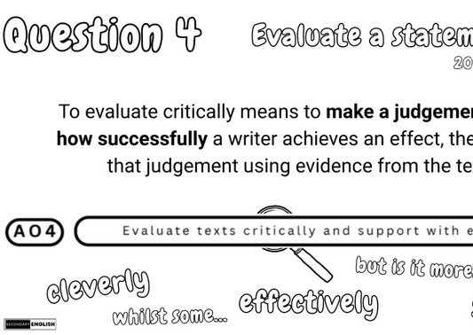 A black-and-white educational worksheet page titled 'Question 4 Evaluate a statement' with handwritten-style text about critical evaluation and a highlighted phrase reading 'Evaluate texts critically and support with e.