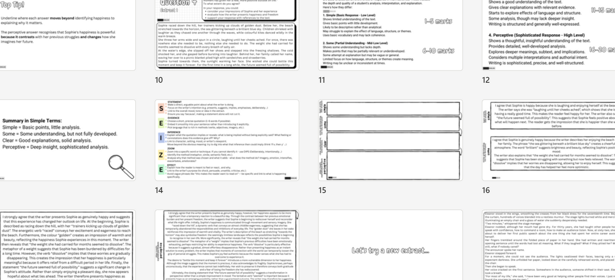 A collage of multiple document or page thumbnails arranged in a grid on a light gray background. The pages contain black text, headings, and some small colored icons, with page numbers visible such as 10, 11, 14, 15, 16.