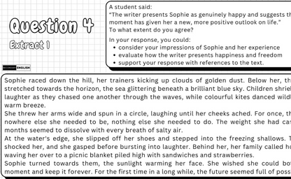 A worksheet page titled 'Question 4 Extract 1' with a short text excerpt about Sophie and her family by the sea, plus a student quote box at the top right.