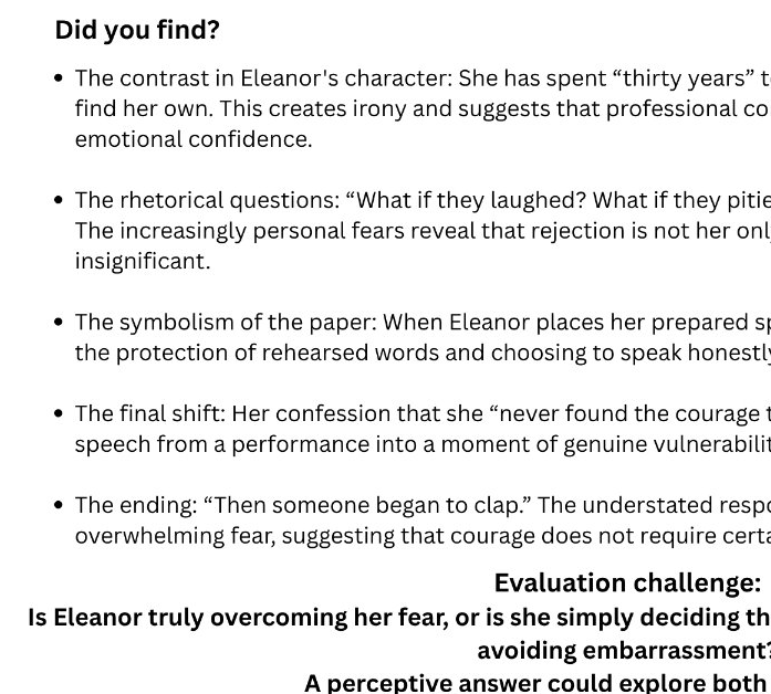A text-based educational worksheet or book review page with bullet points analyzing Eleanor from a story, including rhetorical questions, symbolism, and an evaluation challenge at the bottom.