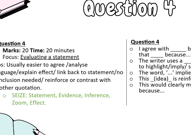 A worksheet page titled 'Question 4' with text about evaluating a statement, including bullet points and a rubric. The page is mostly white with black text and a small green highlighted word, plus partial illustrations of a pencil and a book in the corners.