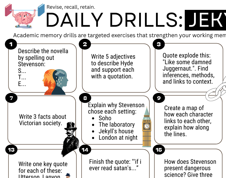 An educational poster titled 'DAILY DRILLS: JEKYL' with numbered memory drill questions about Charles Dickens' 'The Novella' and other vocabulary/grammar exercises, shown on a white background with a blue header.